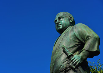 Saigo Takamori, the Last Samurai, bronze statue monument erected in 1898 in Ueno public park, Tokyo (with copy space)