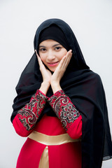 Portrait of beautiful muslim asian woman isolated on white background with happy, girl with islam smile and happy, religion concept.