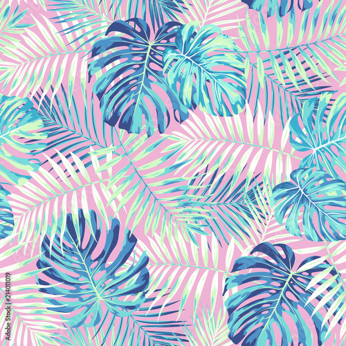 Naklejka - mata magnetyczna na lodówkę Tropical leaf design featuring blue/green palm and Monstera plant leaves on a pink background. Seamless vector repeating pattern.