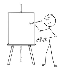 Wall Mural - Cartoon stick drawing illustration of artist holding brush and palette and ready to paint on the canvas on easel.