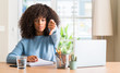 © Krakenimages.com - African american woman studying at home using a computer laptop with angry face, negative sign showing dislike with thumbs down, rejection concept