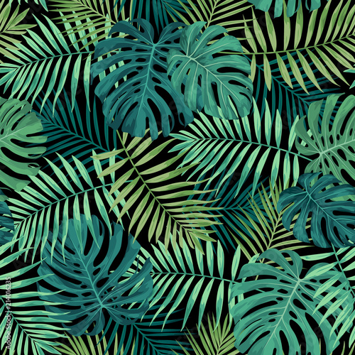 Tropical Leaf Design Featuring Green Palm And Monstera Plant Leaves On A Black Background Seamless Vector Repeating Pattern Buy This Stock Vector And Explore Similar Vectors At Adobe Stock Adobe Stock