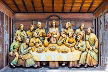 Wood Carving Of The Last Supper At Saint Joseph Catholic Church, Ayutthaya Thailand.