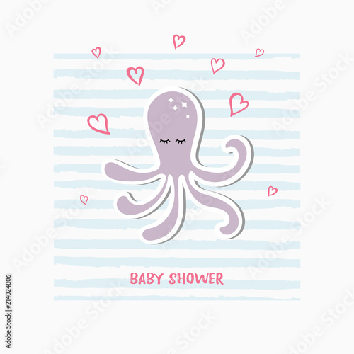Vector Illustration With Cute Octopus Baby Shower Party