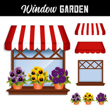 Window Flower Garden With Lavender, Gold And Violet Purple Pansies In Clay Flowerpots On A Wooden Shelf, Window Pane, Red And White Stripe Awning, Isolated On White Background. 