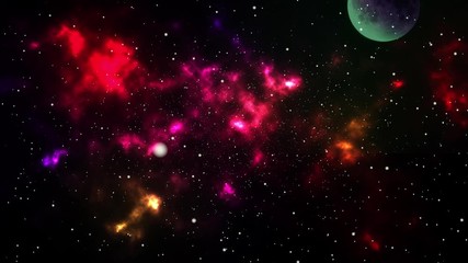 Wall Mural - Traveling through space towards a red nebula and gas clouds and beyond a greenish planet or moon