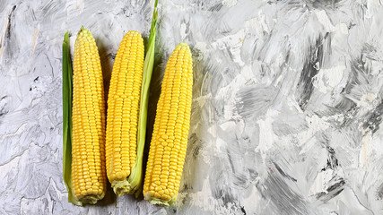 Wall Mural - fresh corn on cobs with leaves on a light background, closeup, vegetables. flat lay. copy space