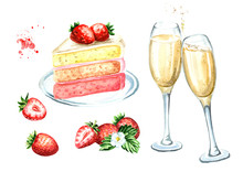 Birthday Or Wedding Set. Strawberry Cake With Champagne Glasses. Watercolor Hand Drawn Illustration, Isolated On White Background