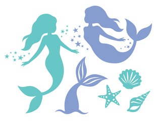 Silhouette of swimming mermaids, mermaid tail, shells and starfish vector illustration.