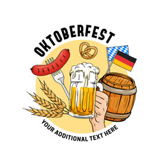 Wall Mural - Oktoberfest hand drawn vector illustration. Munich beer festival concept with vintage old style design. Hand holding full glass of beer with barrel, sausage, pretzel, grain, germany flag element.