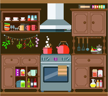 Old Kitchen With Buffet, Gas Stove And Kitchen Cabinets. Vector Illustration On The Theme Of Home Interior.