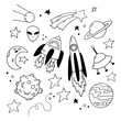 Set of lovely doodle icons. Hand-drawn rockets, planets and other cosmic elements. Black and white vector clipart.