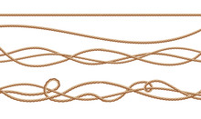 Vector 3d Realistic Fiber Ropes - Straight And Tied Up. Jute Or Hemp Twisted Cords With Loops Isolated On White Background. Decorative Elements With Brown Packthread.