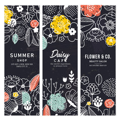 Wall Mural - Flower vertical banner collection. Linear graphic. Floral backgrounds. Scandinavian style. Vector illustration