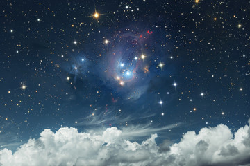 scenic heavenly landscape. starry sky on a background of white clouds. serenity. abstract sky concep