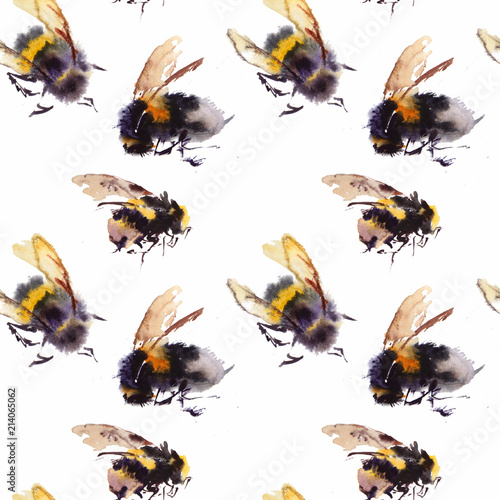Cotton fabric Watercolor bees seamless pattern isolated on white background. hand drawn watercolor illustration
