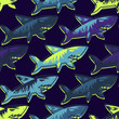 © Janna Mudrak - Abstract seamless vector underwater pattern for girls, boys, clothes. Creative background with sharks. Funny wallpaper for textile and fabric. Fashion style. Colorful bright