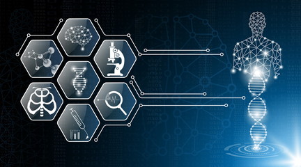 abstract background technology concept in blue light,brain and human body heal ,technology modern me