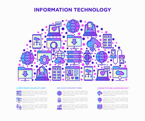 Wall Mural - information technology in half circle thin line icons: social network, system backup, search, lan ne