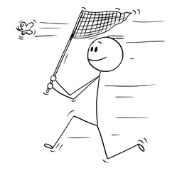 Poster - Cartoon stick drawing conceptual illustration of man running with net and catching a butterfly.