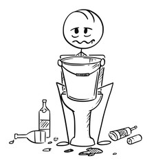 Sticker - Cartoon stick drawing conceptual illustration of sick or drunk man sitting on toiled with bucket for vomiting in hands. Empty bottles are lying around.