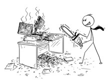 Cartoon Stick Man Drawing Conceptual Illustration Of Angry Or Mad Businessman With Chainsaw Destroying Computer And Working Desk. Business Concept Of Frustration And Repressed Aggression.