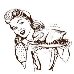 Retro smiling housewife cooks roasted turkey in the kitchen