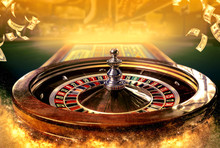 Collage Of Casino Images With A Close-up Vibrant Image Of Multicolored Casino Roulette Table With Poker Chips