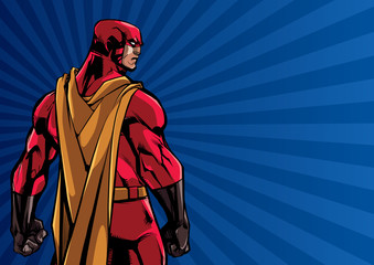 Comics style illustration of powerful superhero standing on ray light background.