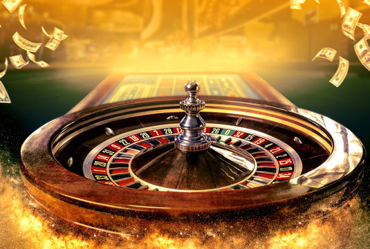 collage of casino images with a close-up vibrant image of multicolored casino roulette table with po