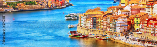 Cuadros en Lienzo Porto, Portugal old town ribeira aerial promenade view with colorful houses, Dou