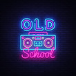 Old School neon sign vector. Retro Music Design template neon sign, Retro Style 80-90s, celebration light banner, tape recorder neon signboard, nightly bright advertising, light inscription. Vector