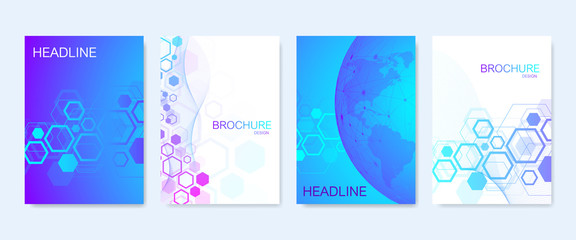 Business vector templates for brochure, cover, banner, flyer, annual report, leaflet. Abstract composition with molecule structure, dots, lines. Wave flow. Science, medicine, technology background.