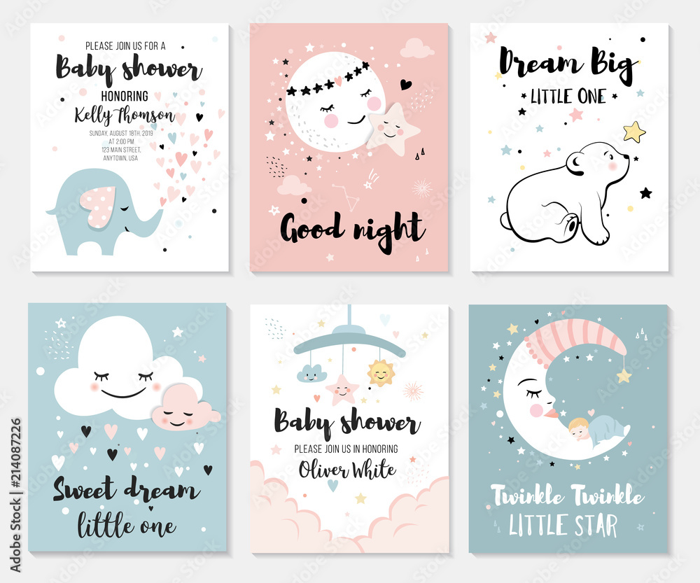 Little bear, elephant, moon and star, cute characters set, posters for baby room, greeting cards, kids and baby t-shirts and wear - obrazy, fototapety, plakaty 