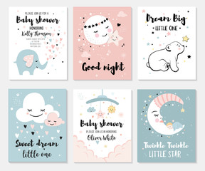 little bear, elephant, moon and star, cute characters set, posters for baby room, greeting cards, ki