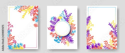 Vector invitation cards with herbal twigs and branches wreath and corners bor...