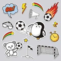 set of soccer cartoon stickers. cute patches, pins, badges series.