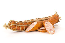 Group Of One Whole One Half Three Slices Of Dry Smoked Ham Sausage Isolated On White