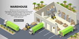 Fototapeta  - Vector isometric warehouse with interior inside, delivery service. Storehouse with boxes for shipping, trucks, forklifts with cargo. Web page with button and space for text, logistics concept banner