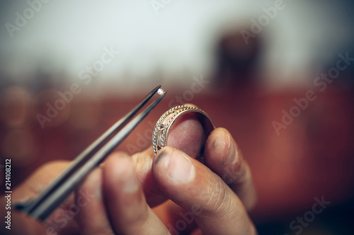 Cuadros en Lienzo Different goldsmiths tools on the jewelry workplace
