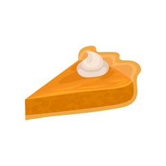 Wall Mural - Triangular slice of pumpkin pie with whipped cream on top. Traditional dessert of American cuisine. Sweet food. Flat vector icon