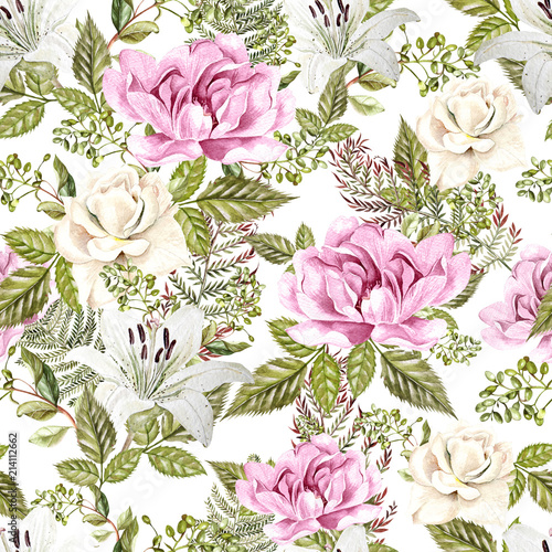 A bright watercolor pattern with flowers of a rose, lily and a peony. With le...