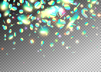 Wall Mural - rainbow holographic effect background with glitter, neon, light foil particles. iridescent round sha