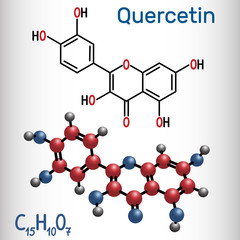 Wall Mural - Quercetin ( flavonoid) molecule. Structural chemical formula and molecule model