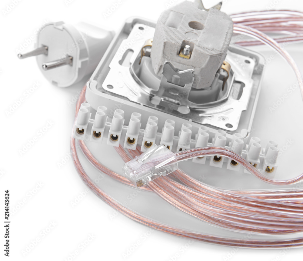Socket, with wire and plug on white background