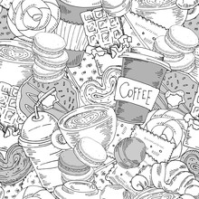 Seamless Pattern With Cake, Donut, Croissant, Candy, Macaron. Hand Drawn Grahic.