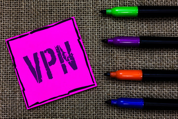 Writing note showing Vpn. Business photo showcasing Secured virtual private network across confidential domain protected Marker pens art pink paper nice mat love thought black shadow memories.