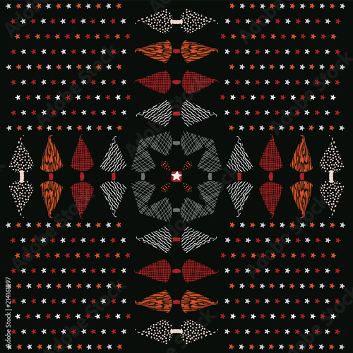 Fotografija Christmas Folk Art Tree Cross Hand Drawn Seamless Vector Pattern, Red Black Ill