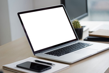 Laptop with blank screen on table. Workspace background new project on laptop computer with blank copy space screen for your advertising text message