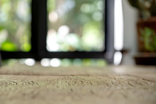 Closeup Image Of Vintage Wooden Table Foreground With Blur Background In Cafe